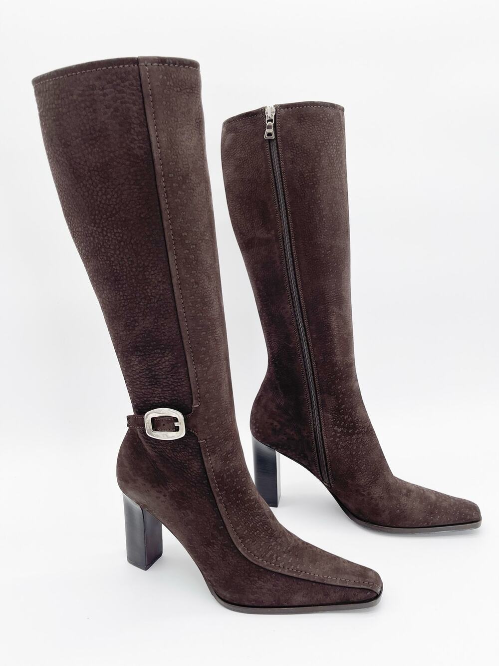 Prada Vintage Brown Embossed Nubuck Square Toe Heeled Knee High Boots IT 36.5